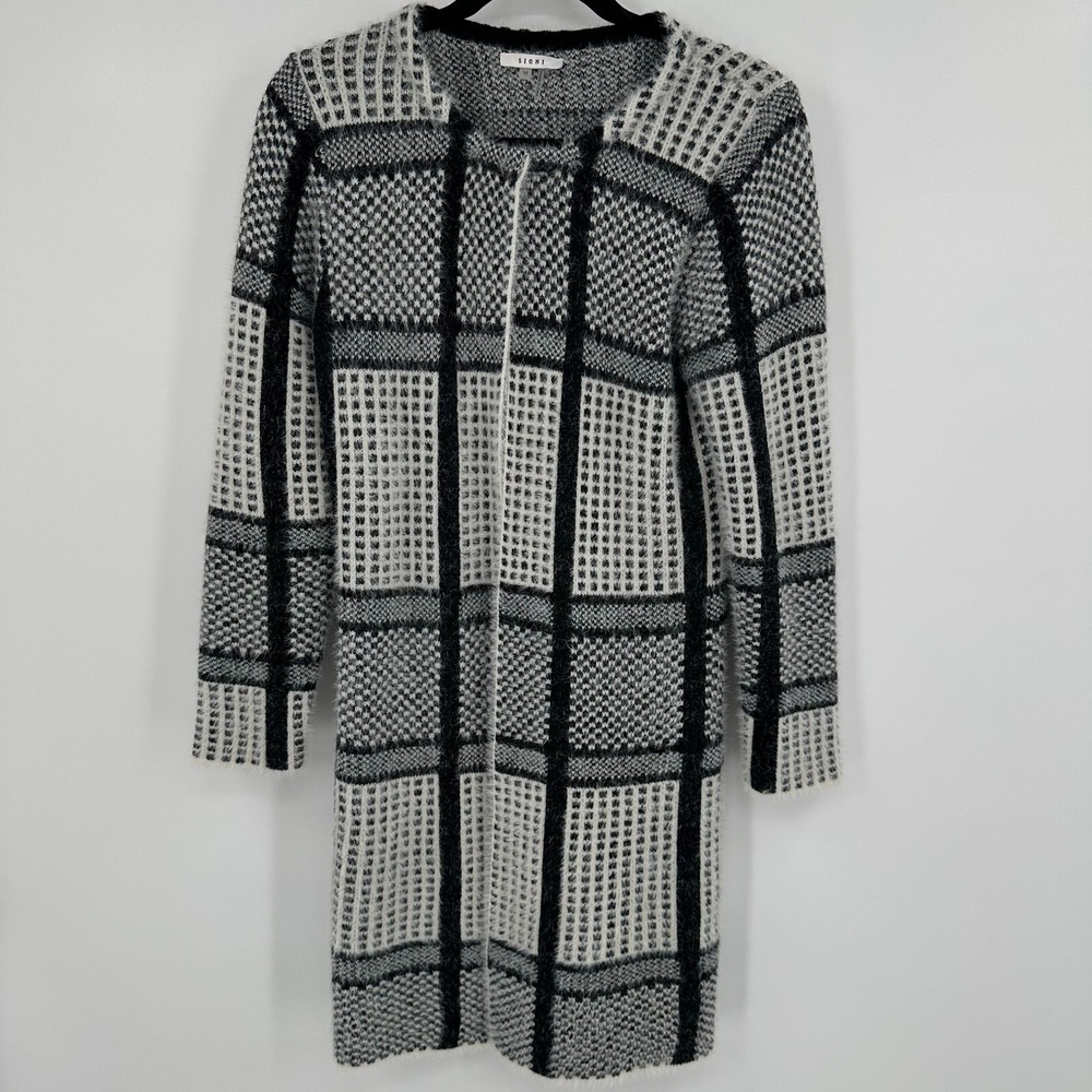 Sioni Sweater Coat Women's Medium Gray Plaid Fuzzy Fluffy Long Sleeve Open Front